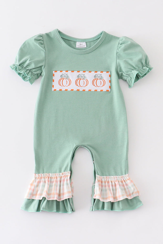 Green pumpkin embroidery girl baby romper