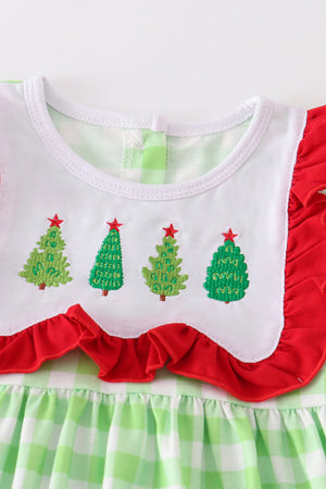 Green plaid christmas tree embroidery girl set