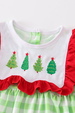 Green plaid christmas tree embroidery dress