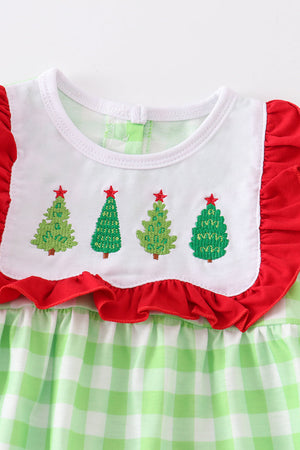 Green plaid christmas tree embroidery girl romper