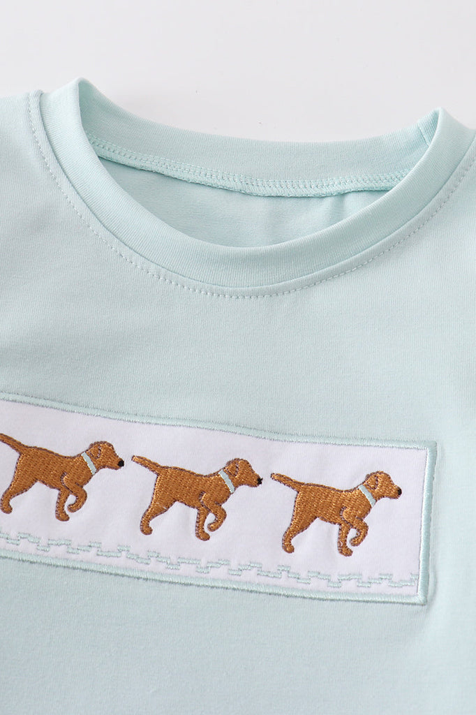 Green dog embroidery boy top