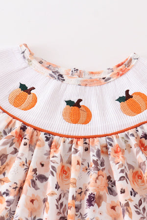 Orange floral print pumpkin embroidery smocked girl dress