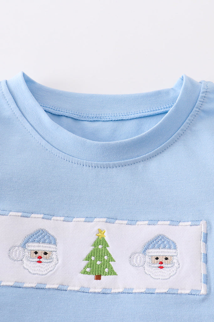 Blue christmas santa embroidery boy top