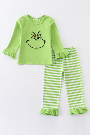 Green grinch embroidery stripe girl set