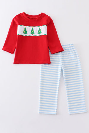 Red christmas tree embroidery stripe boy set