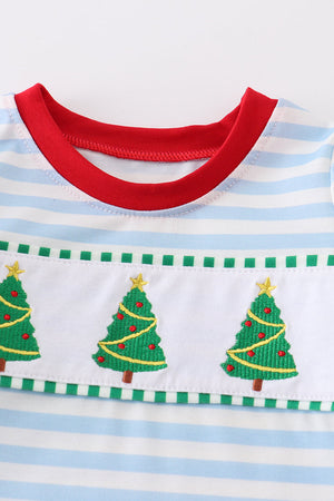 Blue christmas tree embroidery stripe boy romper