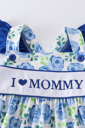 Blue rose print I love mommy embroidery girl set