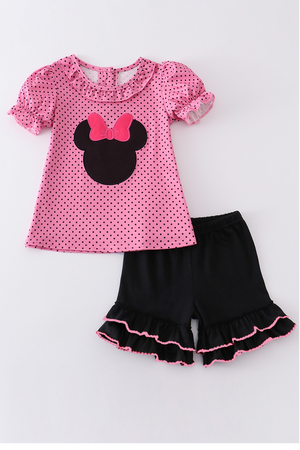 Pink polka dot character applique girl set