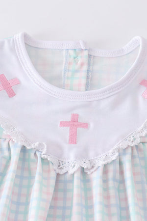 Easter plaid cross embroidery girl set
