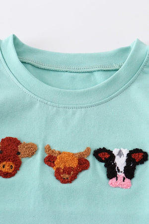 Green cow french knot boy top