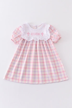 Pink easter plaid he is risen embroidery dress