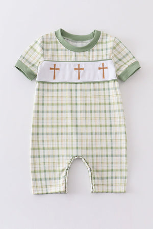 Green easter plaid cross embroidery boy romper