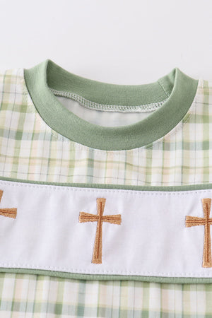 Green easter plaid cross embroidery boy romper