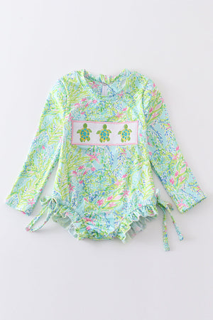 Lily print turtle embroidery girl long-sleeved swimsuit