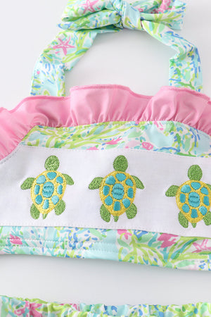 Lily print turtle embroidery girl 2pcs swimwear