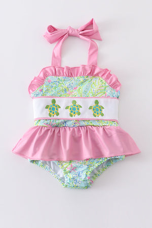 Lily print turtle embroidery girl 1pcs swimwear