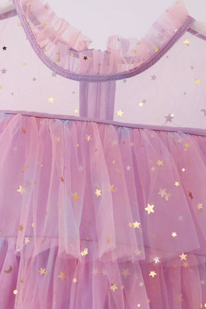 Pink star tiered ruffle tulle dress