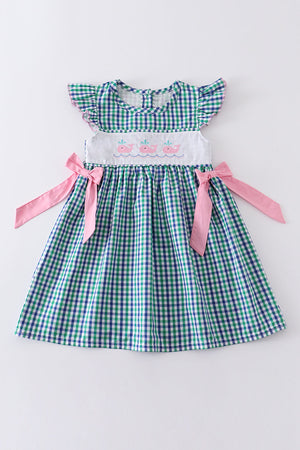 Green plaid whale embroidery dress
