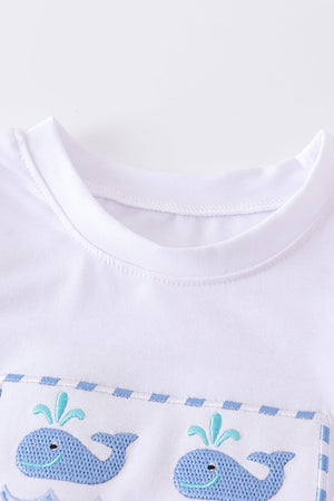 White whale embroidery plaid boy set