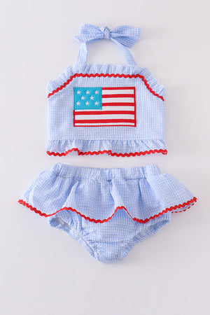 Seersucker patriotic flag applique 2pc girl swimsuit