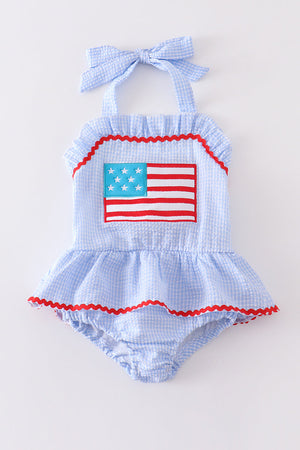 Seersucker patriotic flag applique one-piece girl swimsuit
