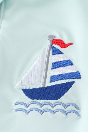 Mint sailboat embroidery boy 2pc rashguard swimsuit
