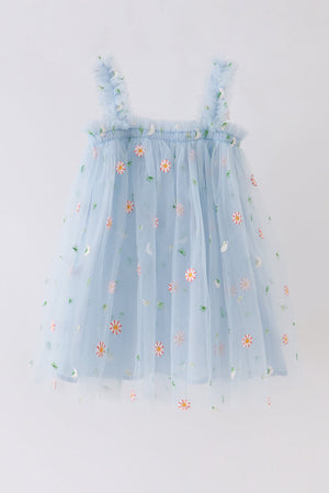 Blue strap daisy embroidery tulle dress
