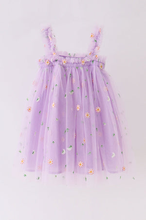 Purple strap daisy embroidery tulle dress