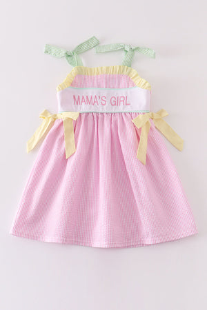 Pink seersucker mama's girl embroidery strap dress