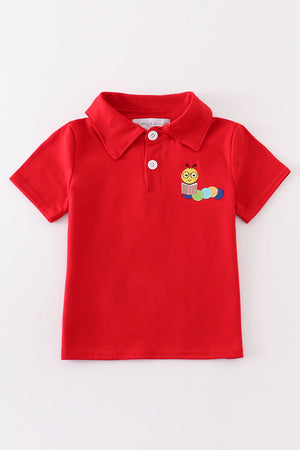 Red  hairy caterpillar embroidery boy shirt