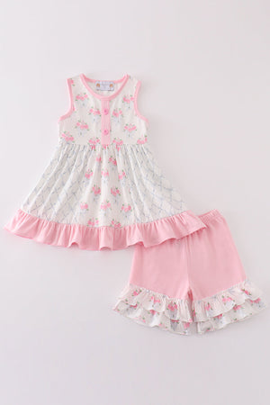 Pink floral bow tie print girl set
