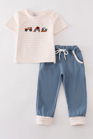 Stripe vehicle embroidery boy set