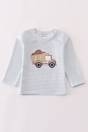 Blue stripe muck car applique boy top