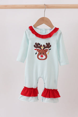 Blue reindeer applique stripe ruffle romper