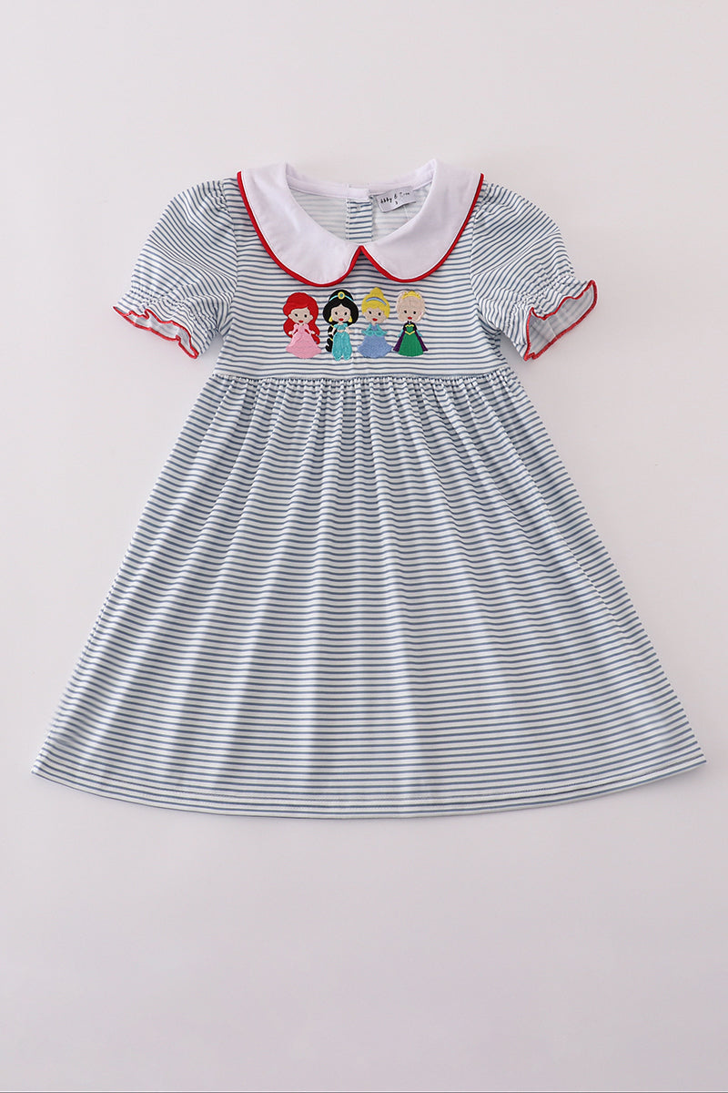 Blue princess embroidery stripe dress