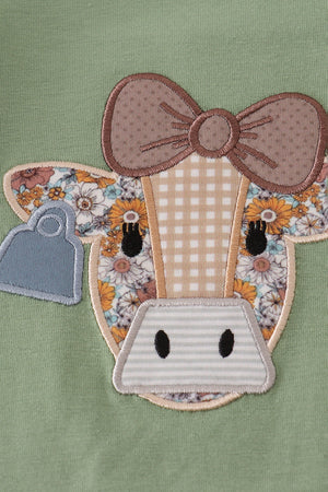 Green cow applique floral print ruffle romper
