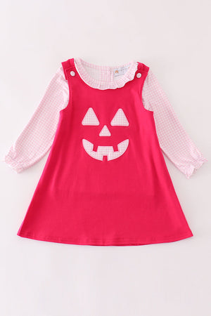 Pink checkered halloween applique dress set