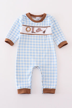 Blue western embroidery gingham boy romper