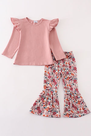 Pink floral girl ruffle pants set