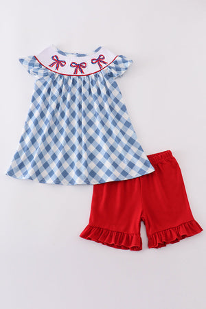 Blue bow embroidery smocked set