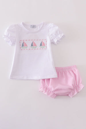 Pink stripe seersucker sailboat embroidery bloomer set