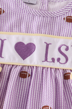 Purple stripe seersucker football I love LSU embroidery set
