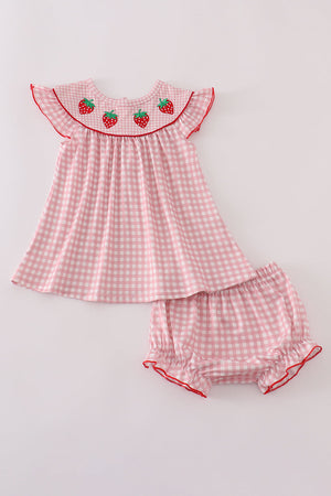 Pink strawberry embroidery gingham bloomer set