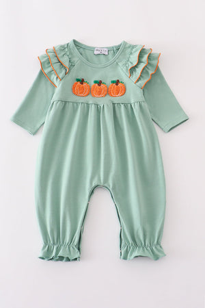 Sage pumpkin french knot ruffle romper