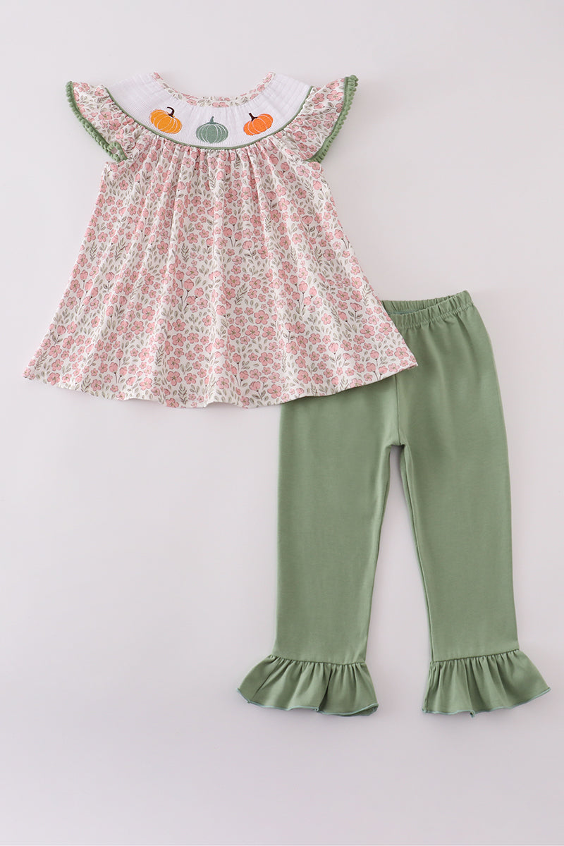 Pink pumpkin smocked floral ruffle pants set