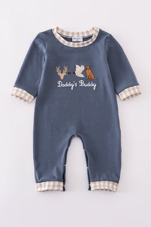 Navy hunting embroidery romper
