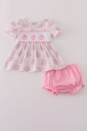 Pink pumpkin embroidery bloomer set