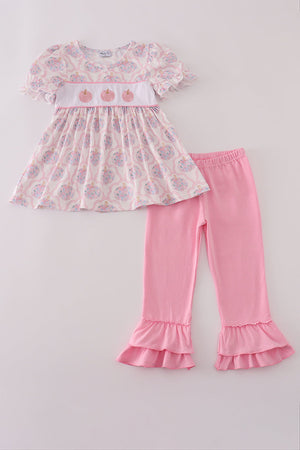 Pink pumpkin embroidery ruffle pants set