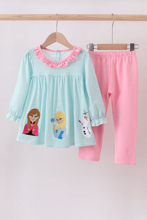 Blue character embroidery ruffle dress set