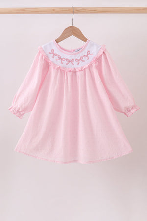 Pink bow embroidery swiss dot dress